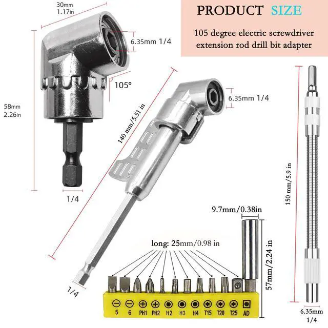 Alt view image 2 of 6 - 2026 new angular tool screw holder, 105 degree right angle drill bit holder, with multifunctional elbow screwdriver head set, suitable for working in narrow spaces (long)