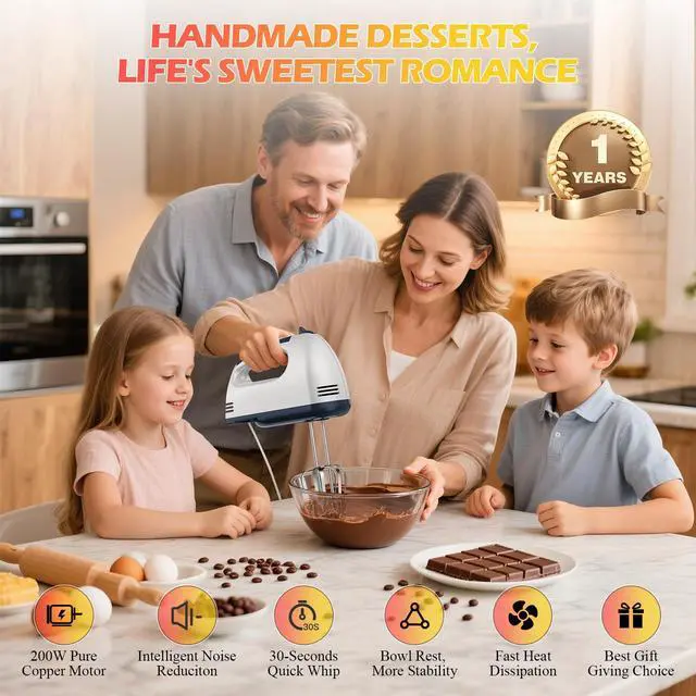 Alt view image 2 of 5 - 7-Speed Electric Hand Mixer Portable Food Mixer Kitchen Mixer with 304 *(1x Whisk, 2x Beater, 2x Dough hook) for Baking Cakes, Cream, Cookies, WHITE