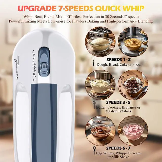 Alt view image 5 of 5 - 7-Speed Electric Hand Mixer Portable Food Mixer Kitchen Mixer with 304 *(1x Whisk, 2x Beater, 2x Dough hook) for Baking Cakes, Cream, Cookies, WHITE