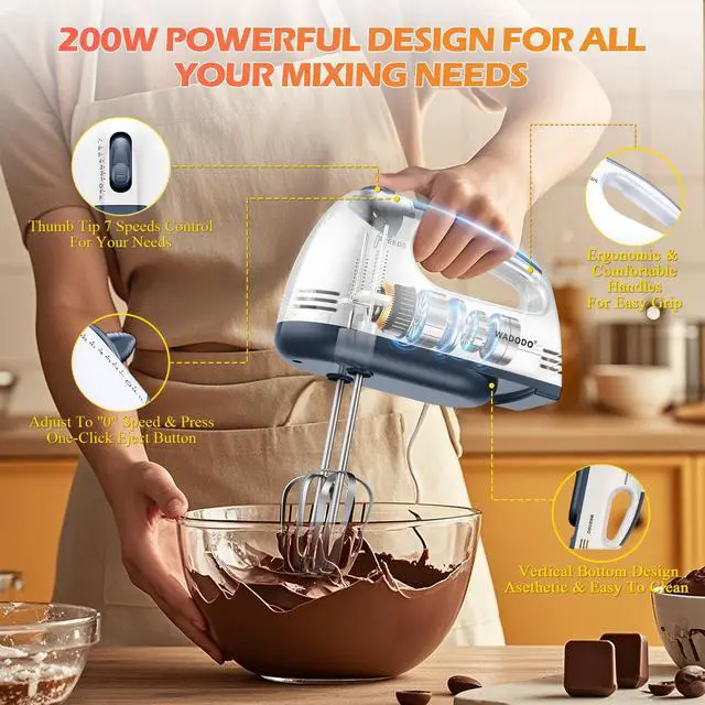 Alt view image 3 of 5 - 7-Speed Electric Hand Mixer Portable Food Mixer Kitchen Mixer with 304 *(1x Whisk, 2x Beater, 2x Dough hook) for Baking Cakes, Cream, Cookies, WHITE
