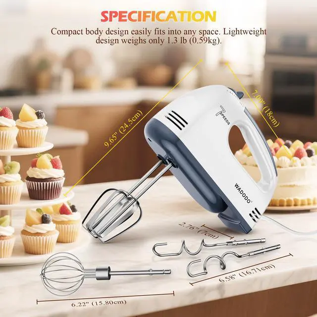 Alt view image 4 of 5 - 7-Speed Electric Hand Mixer Portable Food Mixer Kitchen Mixer with 304 *(1x Whisk, 2x Beater, 2x Dough hook) for Baking Cakes, Cream, Cookies, WHITE