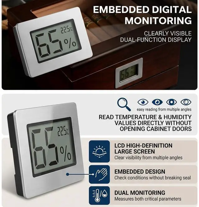Alt view image 3 of 7 - Mini Hygrometer Thermometer, Cigar Embedded Design LCD Electronic Digital Indoor Humidity Gauge Monitor for Cigar Box, Guitar Case, Jars, Wine Cabinet, Greenhouse, Cellar
