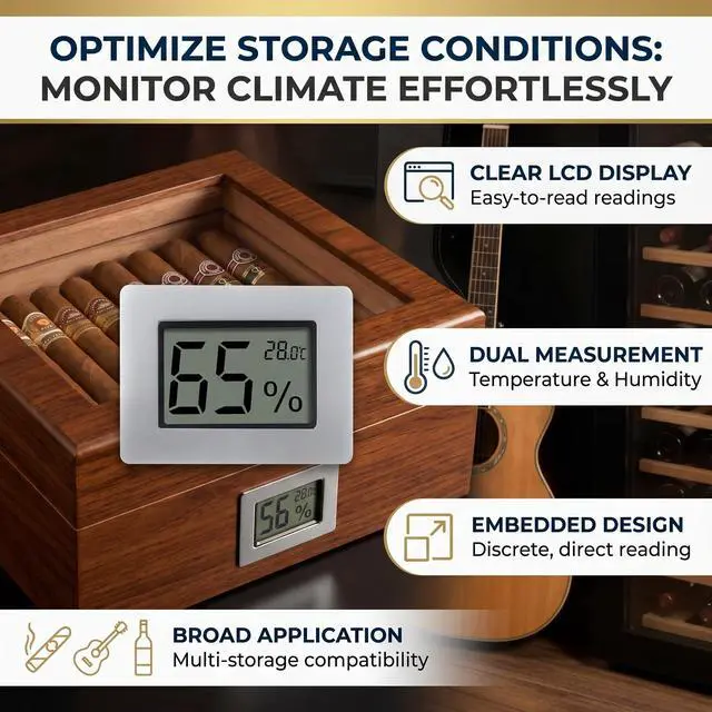 Alt view image 4 of 7 - Mini Hygrometer Thermometer, Cigar Embedded Design LCD Electronic Digital Indoor Humidity Gauge Monitor for Cigar Box, Guitar Case, Jars, Wine Cabinet, Greenhouse, Cellar