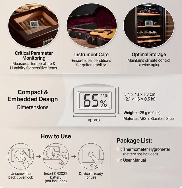 Alt view image 5 of 7 - Mini Hygrometer Thermometer, Cigar Embedded Design LCD Electronic Digital Indoor Humidity Gauge Monitor for Cigar Box, Guitar Case, Jars, Wine Cabinet, Greenhouse, Cellar