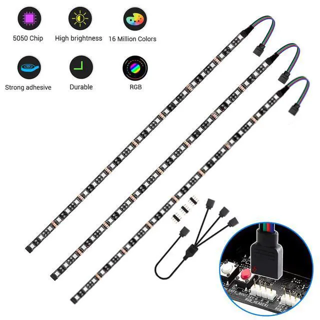 Alt view image 2 of 6 - LED RGB PC Light Strip 3PCs 19.7in RGB LED Strip for 12V 4-Pin RGB LED headers for ASUS Aura Sync, Gigabyte RGB Fusion, MSI Mystic Light, ASRock RGB