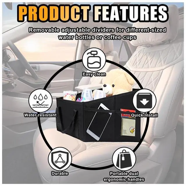 Alt view image 4 of 6 - Car Seat Organizer, Foldable Car Storage Organizer with 4 Cup Holders, Rear & Front Seat Storage Bags, Black