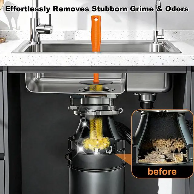 Alt view image 3 of 6 - Universal Garbage Disposal Brush 360° Rotating Head with Rubber Splash Guard, 17.7 Inches,Long-Handle Sink & Disposer Cleaner