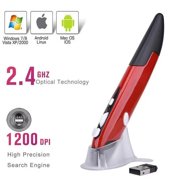 Alt view image 3 of 7 - Wireless Optical Pocket Pen Mouse, 2.4GHz USB Wireless Optical Mini Air Mouse for PC Laptop Notebook Computer Mac (Red)