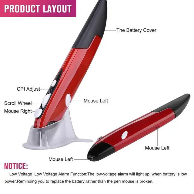 Alt view image 6 of 7 - Wireless Optical Pocket Pen Mouse, 2.4GHz USB Wireless Optical Mini Air Mouse for PC Laptop Notebook Computer Mac (Red)