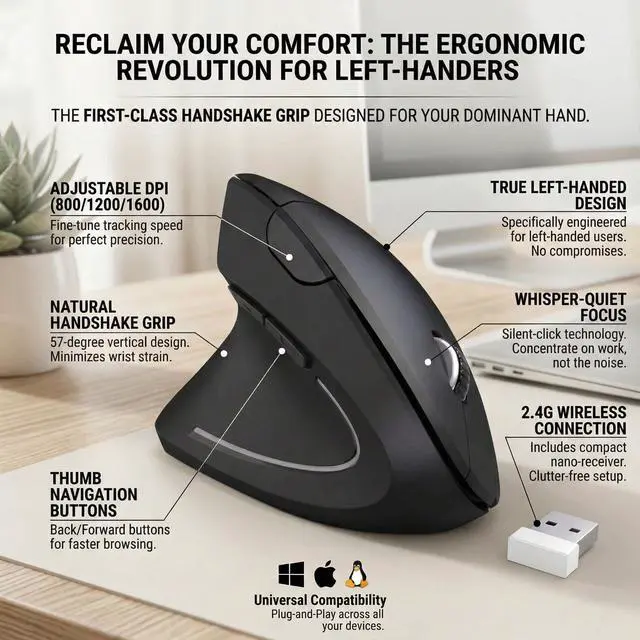 Alt view image 2 of 7 - Left Handed Mouse,Left Handed Ergonomic Mouse, 2.4G USB Wireless Left Handed Vertical Mouse, Adjustable DPI(800/1200/1600),6 Buttons for PC,Mac,Laptop,Windows,Desktop Black