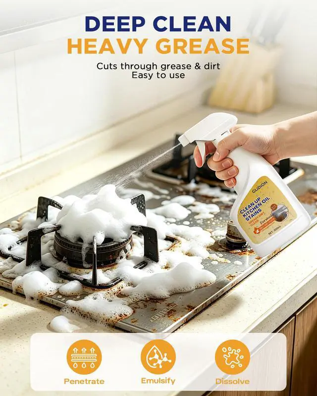 Alt view image 2 of 7 - Heavy Duty Kitchen Degreaser Spray, Multi-Purpose Grease Cleaner for Range Hood, Stove, Countertop, Microwave, Non-Corrosive Safe Formula with Foam Sprayer, 16.9 Fl Oz
