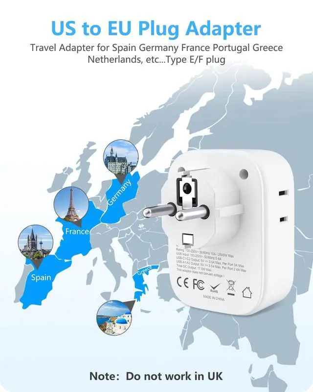 Alt view image 2 of 7 - Germany France Travel Power Adapter, Schuko Type E F Power Plug Adaptor with 4 USB Ports(2 Type C), 4 Outlet Converter, US to EU Spain France German Greece Norway Iceland South Korea Portugal