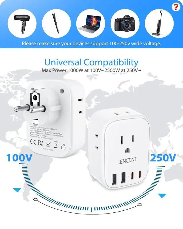 Alt view image 5 of 7 - Germany France Travel Power Adapter, Schuko Type E F Power Plug Adaptor with 4 USB Ports(2 Type C), 4 Outlet Converter, US to EU Spain France German Greece Norway Iceland South Korea Portugal
