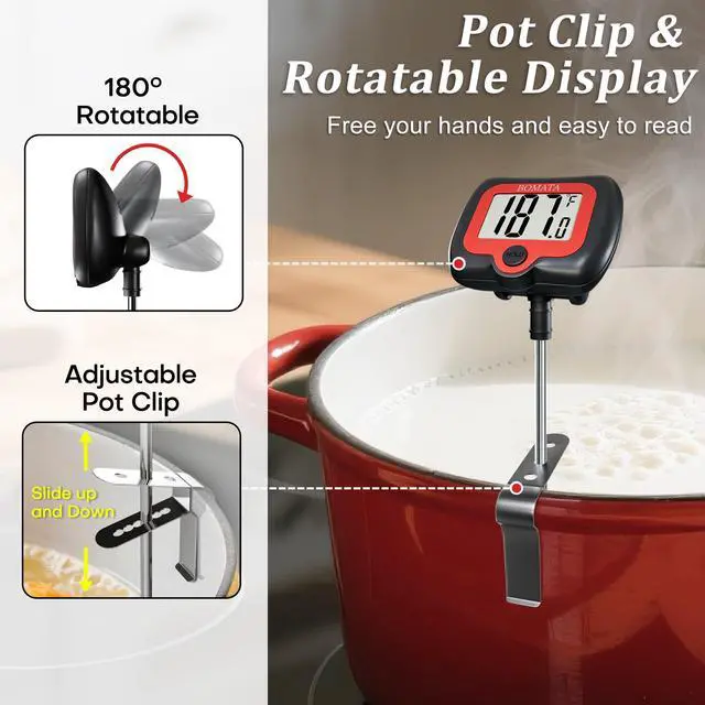 Alt view image 2 of 7 - Digital Candy Thermometer with Pot Clip, Deep Fry Oil Thermometer with Rotatable Display & Long Probe, for Candy Candle Making, Cooking, Food, Liquids, Water, Sugar.. Black