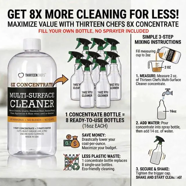 Alt view image 3 of 7 - 8X Multi-Surface Cleaner Concentrate - Makes 1 Gallon of Cleaner for Kitchen and Bath - Safe for Granite and Quartz Countertops - 16oz (No Sprayer Included)