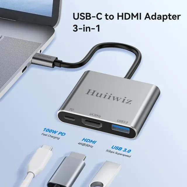Alt view image 2 of 7 - USB C to HDMI Multiport Adapter for Mac MacBook iPad, USB-C to HDMI USB Adapter with Charging USB 3.0/ PD 100W/4K 30Hz