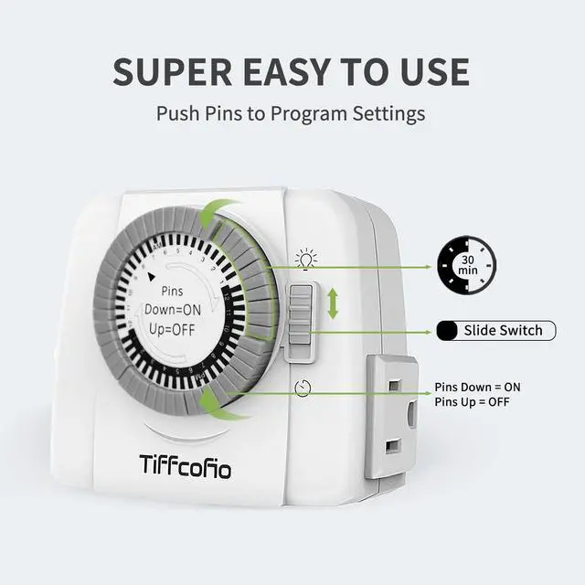 Alt view image 3 of 7 - Indoor Mechanical Outlet Timer, 3 Prong Timers for Electrical Outlets, 24-Hour Programmable Plug in Light Timer, ETL Listed (2 Outlets, 2 Packs)