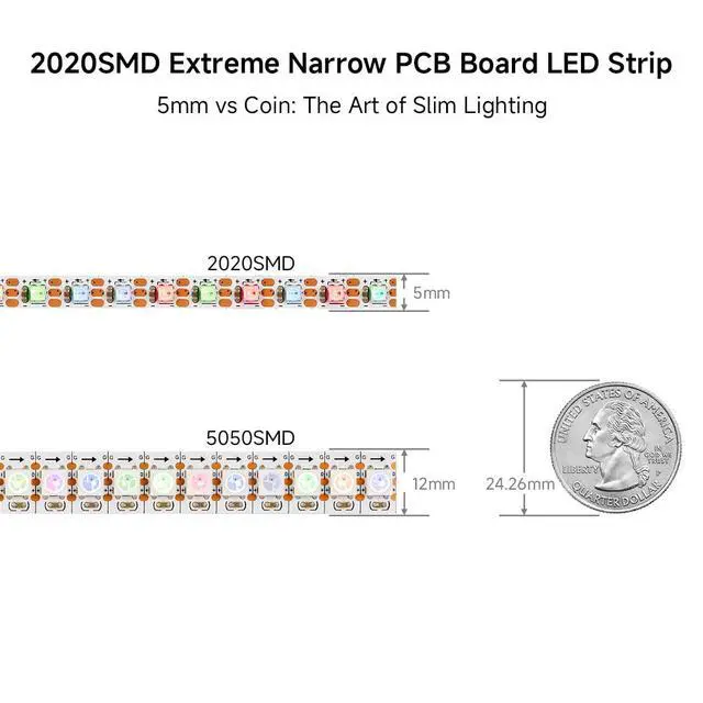 Alt view image 2 of 7 - WS2812B IC RGB 5mm Ultra Narrow LED Strip 2020SMD DC5V Individually Addressable 3.2FT 160Pixels/m 160LED Dream Color Tape Light for Home DIY Decoration IP30 (No Adapter or Controller)