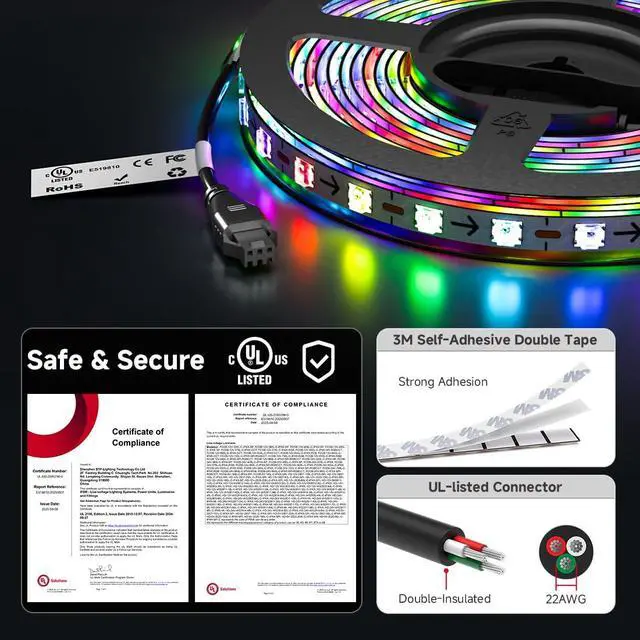 Alt view image 7 of 7 - WS2812B IC RGB 5mm Ultra Narrow LED Strip 2020SMD DC5V Individually Addressable 3.2FT 160Pixels/m 160LED Dream Color Tape Light for Home DIY Decoration IP30 (No Adapter or Controller)