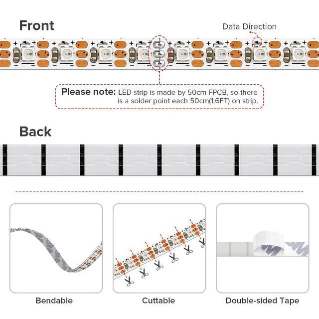 Alt view image 6 of 7 - WS2812B IC RGB 5mm Ultra Narrow LED Strip 2020SMD DC5V Individually Addressable 3.2FT 160Pixels/m 160LED Dream Color Tape Light for Home DIY Decoration IP30 (No Adapter or Controller)