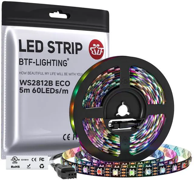 Main image of WS2812B ECO RGB LED Strip,UL Listed,Individually Addressable,16.4FT 60LED/m 300Pixel DC5V 5050SMD,Alloy Wire Flexible 3M Tape for DIY Chasing Color Project IP30(No Adapter or Controller)