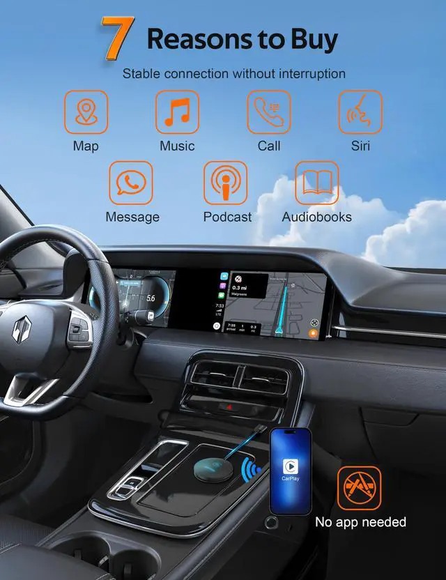 Alt view image 2 of 7 - Wireless CarPlay Adapter - Convert Wired to Wireless CarPlay Dongle Plug & Play for Factory OEM Wired CarPlay Cars, Fit for iPhone iOS 10 and Later