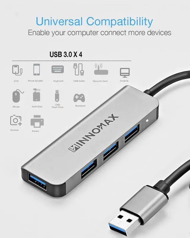 Alt view image 2 of 6 - USB Hub 4 Ports, 3.9 Feet Cable, Aluminum 4-Port USB 3.0 Data Hub USB Expander Splinter for Laptop, PC, Flash Drive, Mobile HDD, Printer, Camera, Mouse, Keyboard