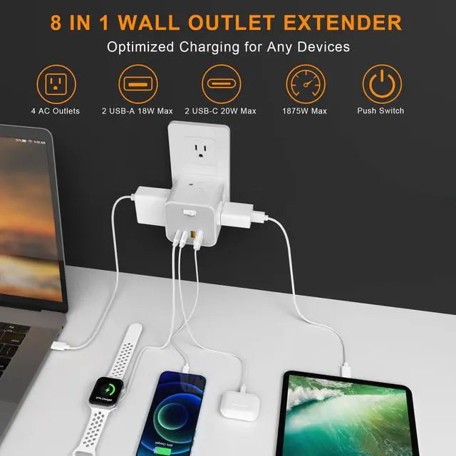 Alt view image 3 of 7 - Outlet Extender USB C Wall Charger, Bototek Multi Plug Outlet Splitter 4AC Outlets with 4 USB Port, 20W USB C for Multiple Devices, 5-Sided Multi Plug for Cruise Home Office Dorm Room Essentials