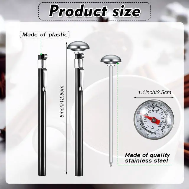 Alt view image 2 of 6 - 6 Pcs Stainless Steel Kitchen Thermometer with 5 Inch Long Stem 1 Inch Dial Thermometer Milk Frothing Food for Oven Probe Meat Grill BBQ Cooking Chocolate Water(Black)