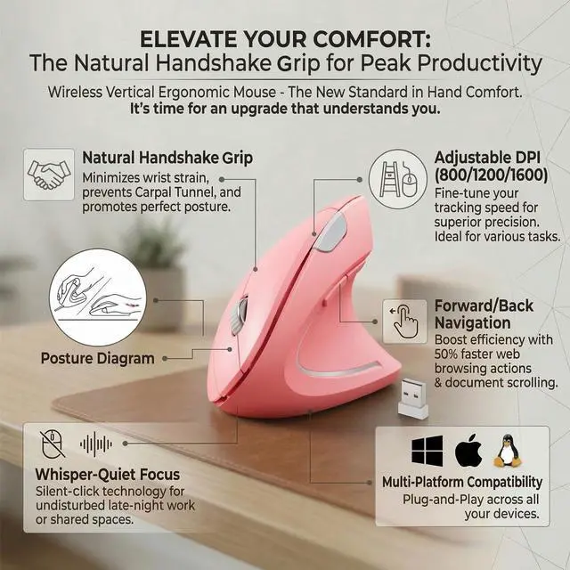 Alt view image 2 of 7 - Wireless Ergonomic Mouse,2.4G USB Wireless Vertical Mouse,Adjustable DPI(800/1200/1600),Quiet Clicks,6 Buttons for Laptop,PC,Mac,Desktop Pink