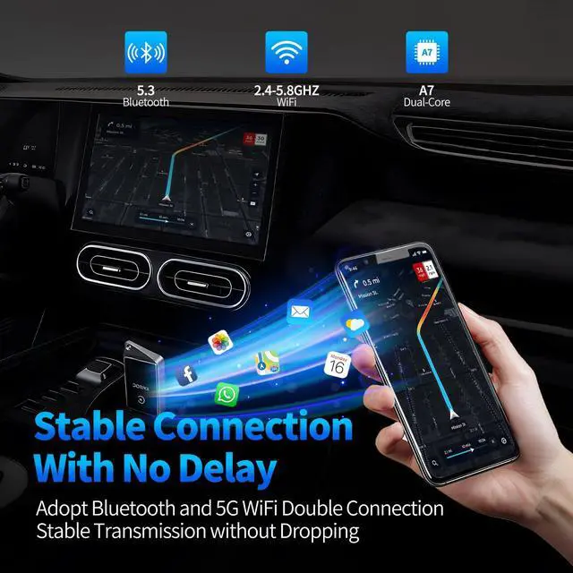 Alt view image 3 of 7 - Wireless CarPlay Adapter for Apple iPhone - Zero Lag, Plug-and-Play Auto Connect WIFI & Bluetooth Control for Cars | Turns Factory Wired CarPlay to Wireless, from iOS 10+ to Screen w/USB C Car Adapter