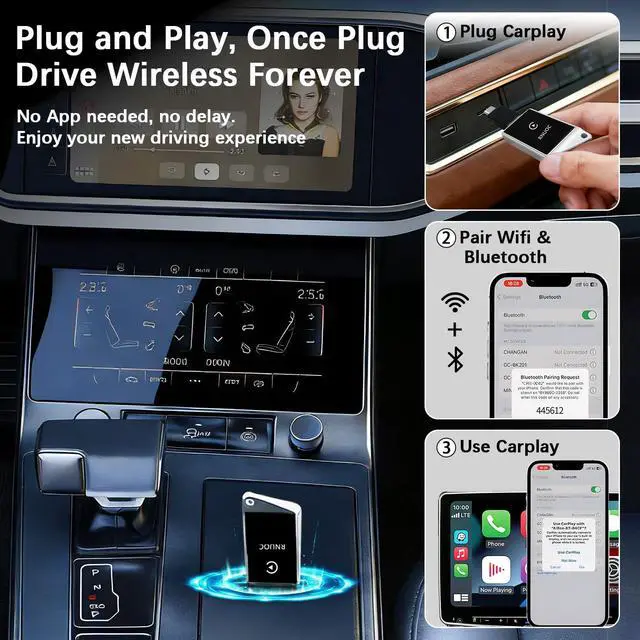 Alt view image 5 of 7 - Wireless CarPlay Adapter for Apple iPhone - Zero Lag, Plug-and-Play Auto Connect WIFI & Bluetooth Control for Cars | Turns Factory Wired CarPlay to Wireless, from iOS 10+ to Screen w/USB C Car Adapter