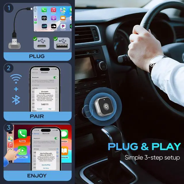 Alt view image 4 of 7 - Wireless CarPlay Adapter for Cars with Built-in Wired Apple CarPlay Plug and Play, Mini-USB Design, Fast Stable Connection, for iPhone with USB/Type-C Port