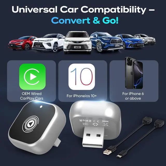 Alt view image 7 of 7 - Wireless CarPlay Adapter for Cars with Built-in Wired Apple CarPlay Plug and Play, Mini-USB Design, Fast Stable Connection, for iPhone with USB/Type-C Port