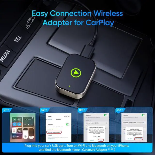 Alt view image 6 of 7 - Wireless Carplay Adapter for iPhone, Converts Wired CarPlay to Bluetooth Wireless, Mini Car Play Screen Dongle with USB A/C for Cars 2018+ with Built-in Wired Carplay, Auto-Connect, No Delay