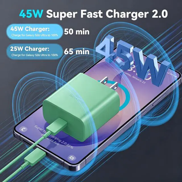 Alt view image 2 of 6 - 45W Super Fast Charger USB Type C Charger Cord 6.6FT with Android Phone Charger Fast Charging Block for Samsung Galaxy S26/S26 Ultra/S26+/S25/S25 Ultra/S25+/S24/S23/S22/S20/S21/Note 20/Note 10, Green