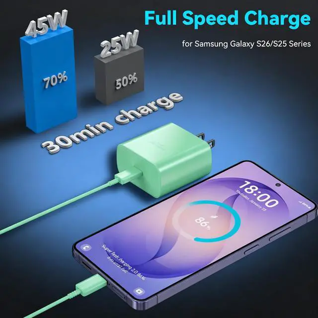 Alt view image 4 of 6 - 45W Super Fast Charger USB Type C Charger Cord 6.6FT with Android Phone Charger Fast Charging Block for Samsung Galaxy S26/S26 Ultra/S26+/S25/S25 Ultra/S25+/S24/S23/S22/S20/S21/Note 20/Note 10, Green