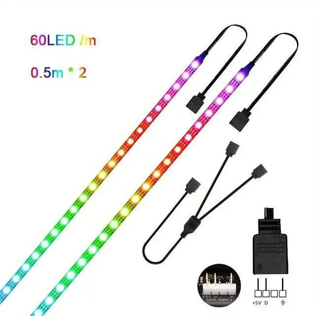 Alt view image 6 of 6 - RGB Strip Light for PC Case, 2x19.7in 60LEDs Addressable LED Strip for Motherboard 5V 3-Pin Header Gaming Case DIY Lighting