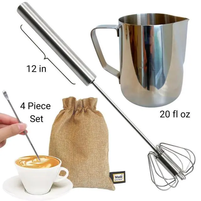 Alt view image 2 of 7 - Gourmet Manual Milk Frother Set & Latte Kit, Stainless Steel Barista Grade Milk Frothing Pitcher & Whisk, Affordable Complete Set to Upgrade Your Coffee in Apartment, Dorm, Coffee, Matcha & Espresso