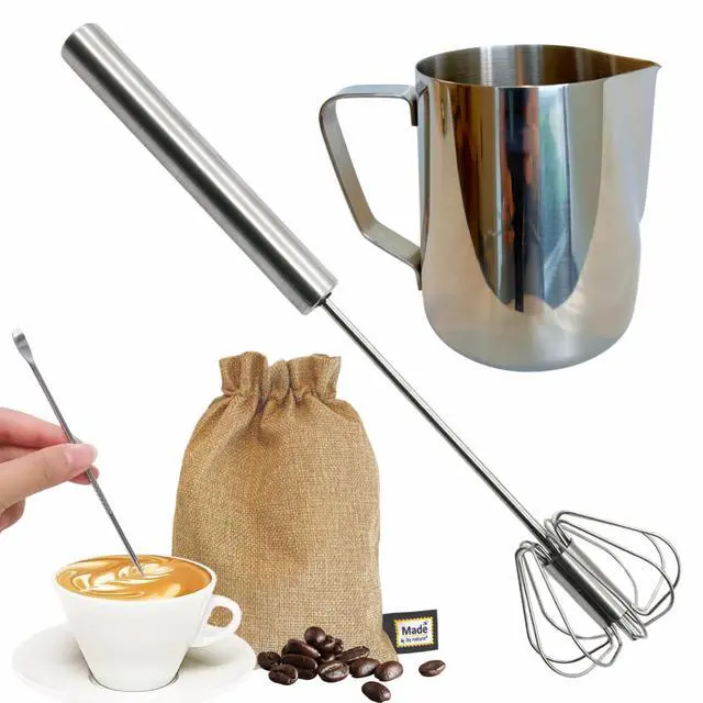 Main image of Gourmet Manual Milk Frother Set & Latte Kit, Stainless Steel Barista Grade Milk Frothing Pitcher & Whisk, Affordable Complete Set to Upgrade Your Coffee in Apartment, Dorm, Coffee, Matcha & Espresso