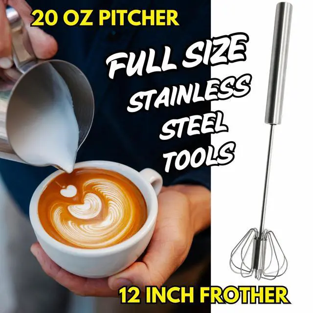 Alt view image 3 of 7 - Gourmet Manual Milk Frother Set & Latte Kit, Stainless Steel Barista Grade Milk Frothing Pitcher & Whisk, Affordable Complete Set to Upgrade Your Coffee in Apartment, Dorm, Coffee, Matcha & Espresso