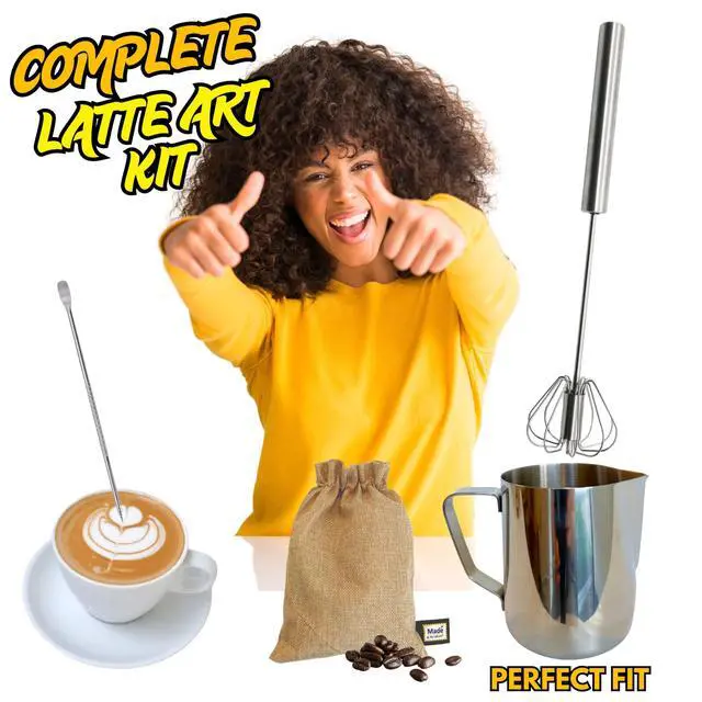 Alt view image 4 of 7 - Gourmet Manual Milk Frother Set & Latte Kit, Stainless Steel Barista Grade Milk Frothing Pitcher & Whisk, Affordable Complete Set to Upgrade Your Coffee in Apartment, Dorm, Coffee, Matcha & Espresso