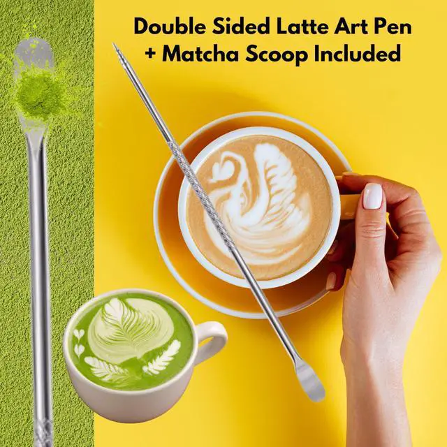 Alt view image 7 of 7 - Gourmet Manual Milk Frother Set & Latte Kit, Stainless Steel Barista Grade Milk Frothing Pitcher & Whisk, Affordable Complete Set to Upgrade Your Coffee in Apartment, Dorm, Coffee, Matcha & Espresso