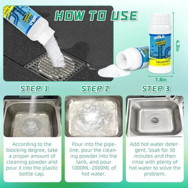 Alt view image 6 of 6 - Drain Cleaner Powder, Wild Tornado Sink and Drain Cleaner Powerful Pipeline Dredging Agent, Kitchen Unblocker, Powder for Kitchen Toilet3Pcs