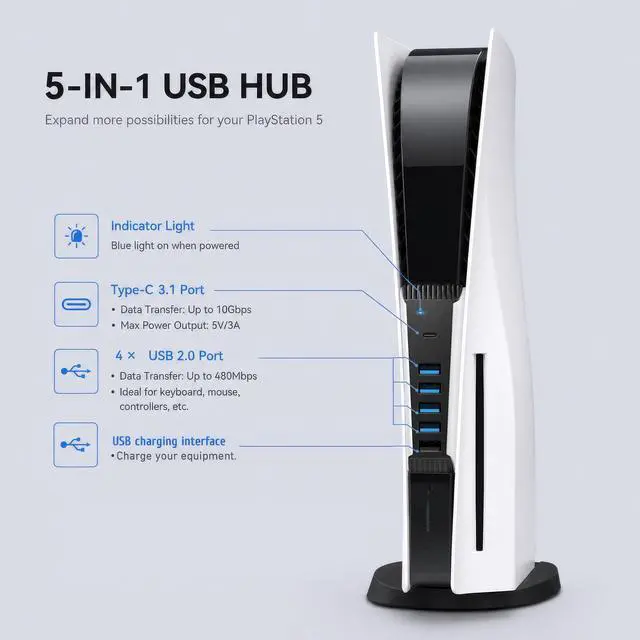 Alt view image 4 of 7 - 5 Port USB Hub for PS5,USB High-Speed Expansion Hub Charger USB Extender Compatible with PlayStation 5 Game Consolewith 4 USB + 1 USB Charging Port + 1 Type C Port