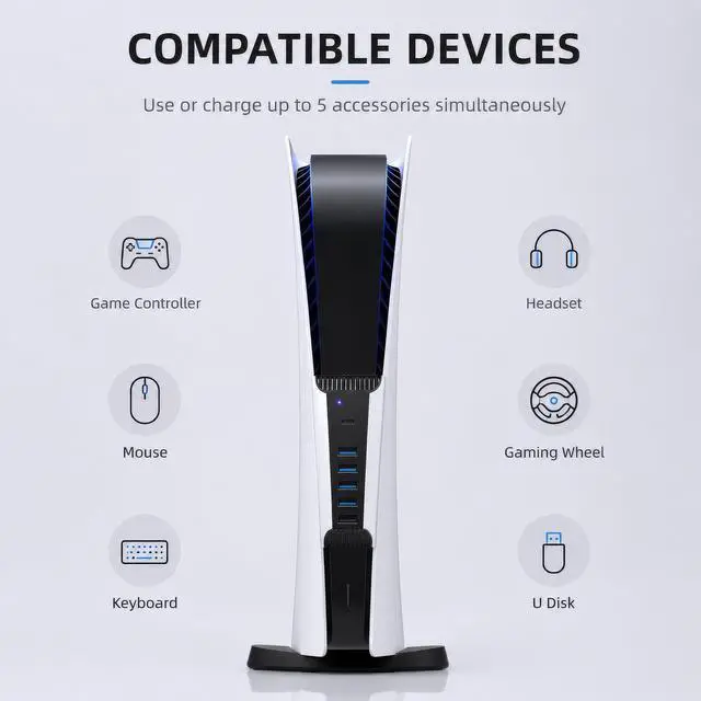 Alt view image 3 of 7 - 5 Port USB Hub for PS5,USB High-Speed Expansion Hub Charger USB Extender Compatible with PlayStation 5 Game Consolewith 4 USB + 1 USB Charging Port + 1 Type C Port