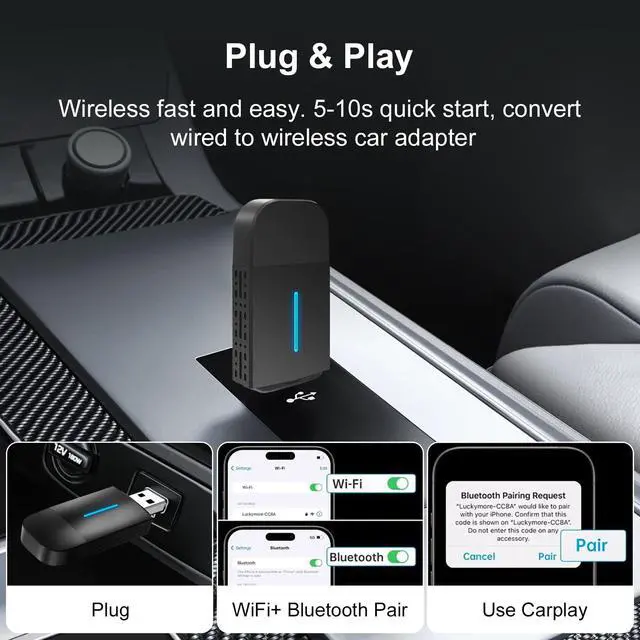 Alt view image 3 of 7 - 2 in 1 Wireless-CarPlay-Adapter-for Cars,Android Auto USB/Type-C Plug&Play
