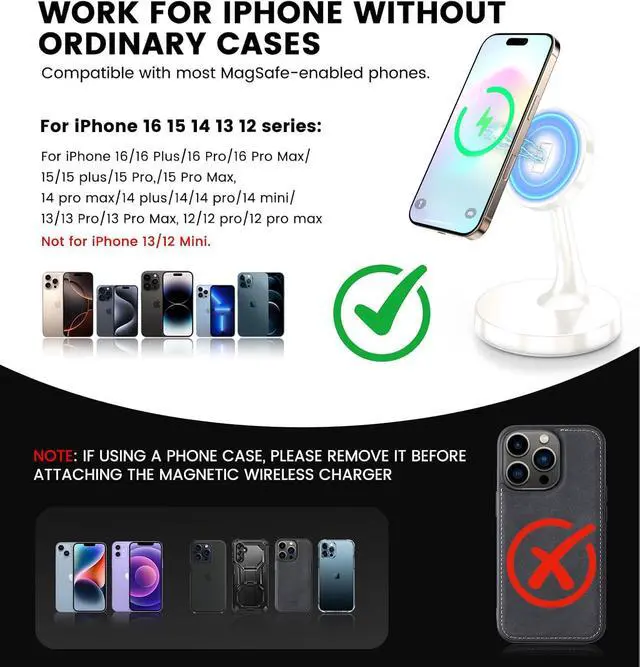 Alt view image 6 of 7 - 2 Pack Magnetic Wireless Charger iPhone, 15W Fast Mag-Safe Charger Stand for iPhone 17/17 Air/17 Pro/17 Pro Max 16/15/14/13/12 Series Magnet Wireless Charging Station/Pad for AirPods- Gifts Ideas