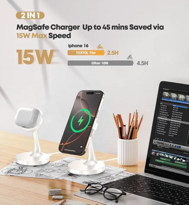 Alt view image 4 of 7 - 2 Pack Magnetic Wireless Charger iPhone, 15W Fast Mag-Safe Charger Stand for iPhone 17/17 Air/17 Pro/17 Pro Max 16/15/14/13/12 Series Magnet Wireless Charging Station/Pad for AirPods- Gifts Ideas