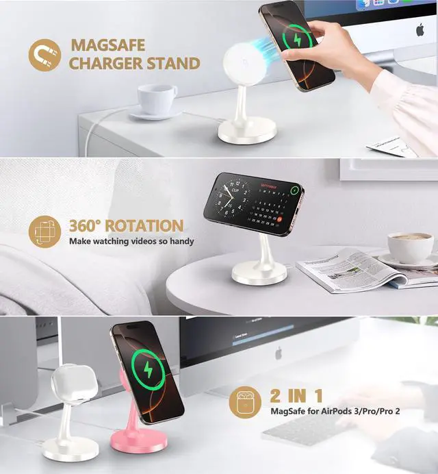 Alt view image 2 of 7 - 2 Pack Magnetic Wireless Charger iPhone, 15W Fast Mag-Safe Charger Stand for iPhone 17/17 Air/17 Pro/17 Pro Max 16/15/14/13/12 Series Magnet Wireless Charging Station/Pad for AirPods- Gifts Ideas